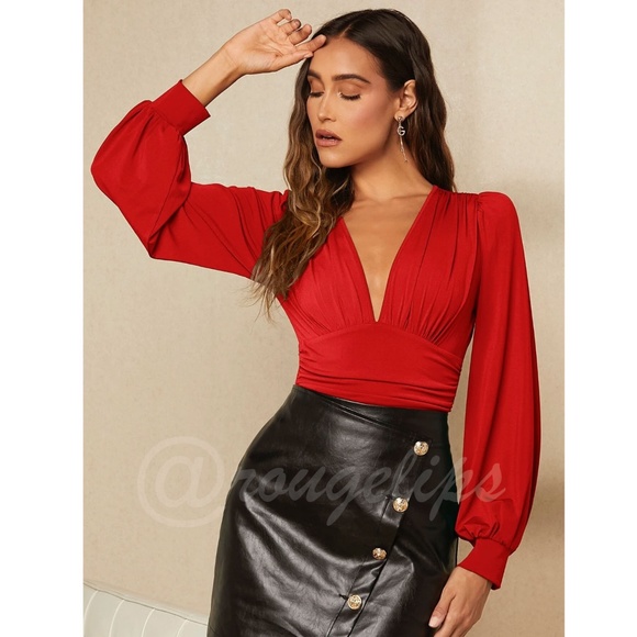 Red Elegant V neck Bodysuit Long Bishop Sleeves Stretchy Ruched Waist - Picture 5 of 10